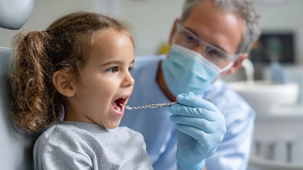 Young girl at dental appointment opening mouth while dentist in mask and gloves examines her with dental mirror.